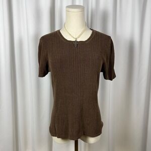 United States Sweaters Brown Silk Blend Ribbed Short Sleeve Knit Top Large